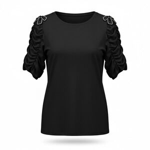 HERE & NOW Women Black Short Sleeve Jewel Embellished Bow Top XL